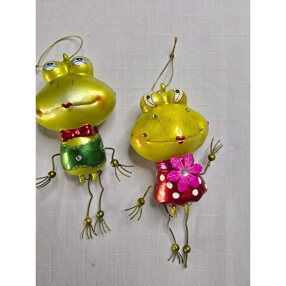 Vintage Style Glass Frog Ornaments Pair Green Red Polka Dot Rhinestone Whimsical